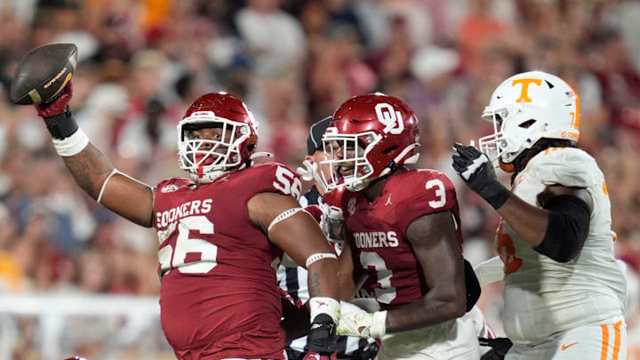 Oklahoma defensive tackle Gracen Halton celebrates a fumble recovery against Tennessee. Oklahoma defensive tackle Gracen Halton celebrates a fumble recovery against Tennessee.