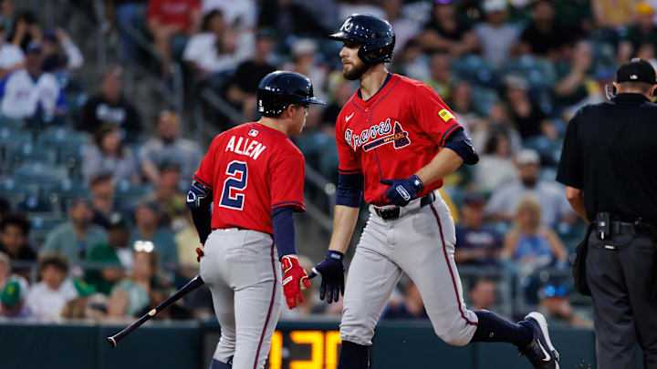 Jul 8, 2025; West Sacramento, California, USA; Atlanta Braves outfielder Eli White (36) celebrates with shortstop Nick Allen (2) after hitting a one run home run during the fifth inning against the Athletics at Sutter Health Park. Mandatory Credit: Sergio Estrada-Imagn Images