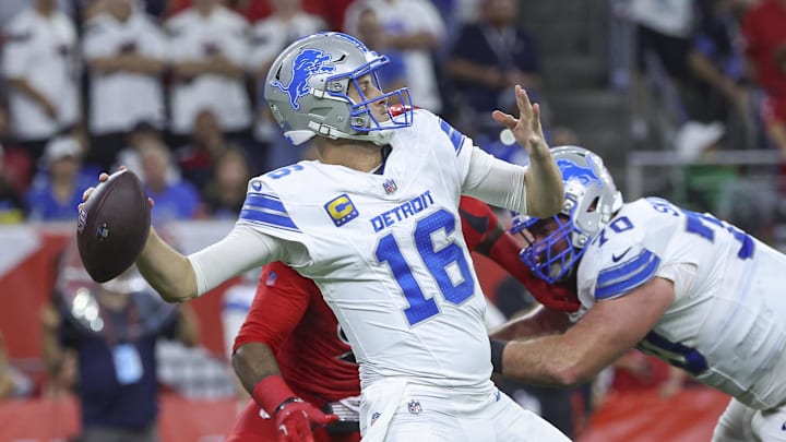 Detroit Lions quarterback Jared Goff (16) attempts a pass during the third quarter against the Houston Texans