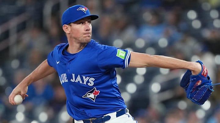 May 20, 2025; Toronto, Ontario, CAN; Toronto Blue Jays starting pitcher Chris Bassitt (40) throws a pitch against the San Diego Padres during the first inning at Rogers Centre.
