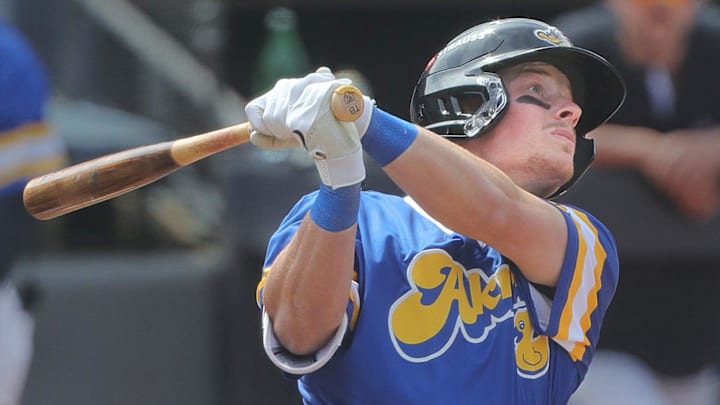RubberDucks' Travis Bazzana follows a long fly ball to the wall in a game against the Altoona Curve on April 13, 2025, in Akron, Ohio.