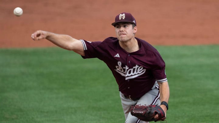 Mississippi State Bulldogs' Evan Siary (12) pitches as Auburn Tigers baseball takes on Mississippi State Bulldogs at Plainsman Park in Auburn, Ala., on Friday, April 25, 2025. Mississippi State Bulldogs' Evan Siary (12) pitches as Auburn Tigers baseball takes on Mississippi State Bulldogs at Plainsman Park in Auburn, Ala., on Friday, April 25, 2025.