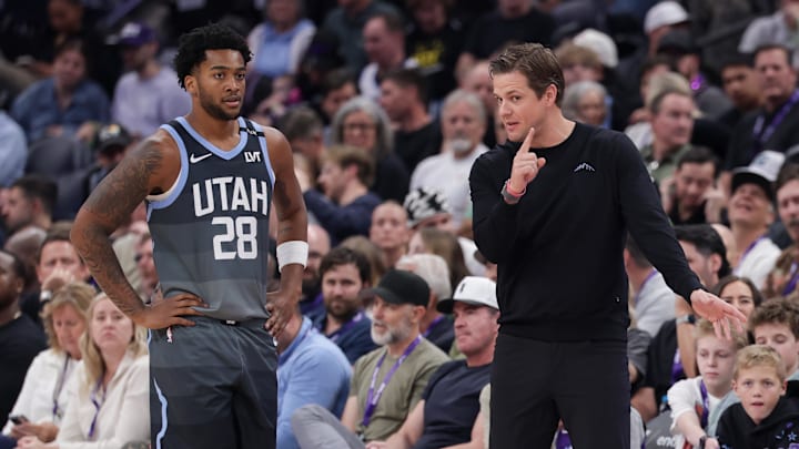 Mar 23, 2026; Salt Lake City, Utah, USA; Utah Jazz Head Coach Will Hardy give direction to Utah Jazz forward Brice Sensabaugh (28) during the first quarter against the Toronto Raptors at Delta Center. Mandatory Credit: Chris Nicoll-Imagn Images Mar 23, 2026; Salt Lake City, Utah, USA; Utah Jazz Head Coach Will Hardy give direction to Utah Jazz forward Brice Sensabaugh (28) during the first quarter against the Toronto Raptors at Delta Center. Mandatory Credit: Chris Nicoll-Imagn Images