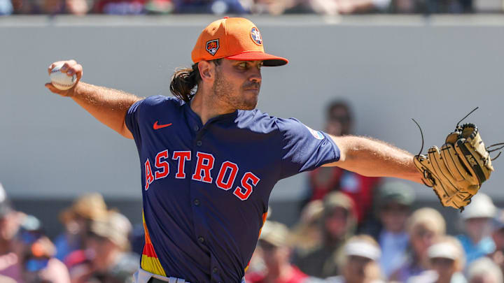 Feb 26, 2024; Lakeland, Florida, USA; Houston Astros pitcher Spencer Arrighetti (75) pitches during