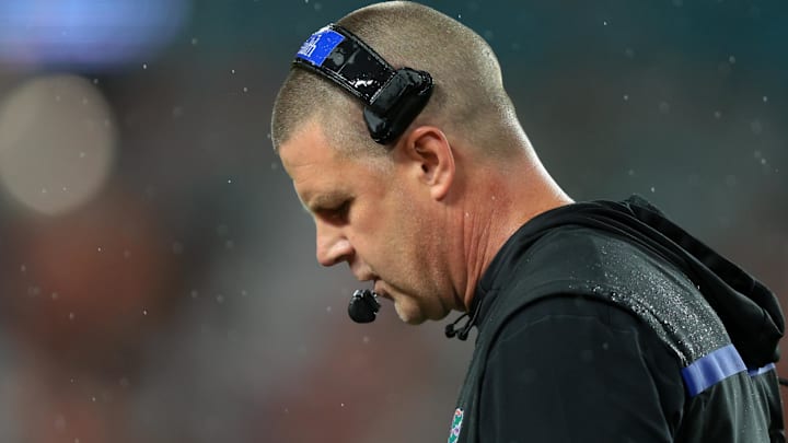 Sep 20, 2025; Miami Gardens, Florida, USA; Florida Gators head coach Billy Napier looks down against the Florida Gators during the first quarter at Hard Rock Stadium. Mandatory Credit: Sam Navarro-Imagn Images Sep 20, 2025; Miami Gardens, Florida, USA; Florida Gators head coach Billy Napier looks down against the Florida Gators during the first quarter at Hard Rock Stadium. Mandatory Credit: Sam Navarro-Imagn Images
