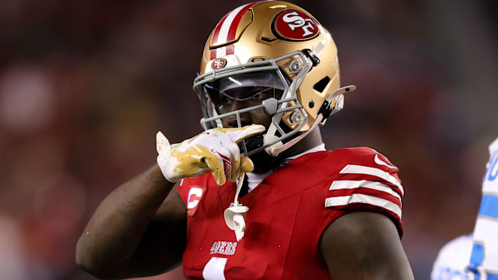 San Francisco 49ers wide receiver Deebo Samuel Sr. (1) celebrates after a play during the first quarter against the Detroit Lions at Levi's Stadium. Mandatory Credit: Sergio Estrada-Imagn Images