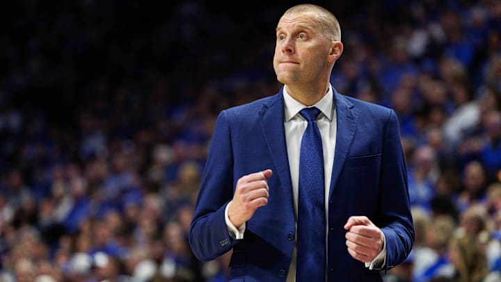 Nov 22, 2024; Lexington, Kentucky, USA; Kentucky Wildcats head coach Mark Pope reacts to the action during the second half against the Jackson State Tigers at Rupp Arena at Central Bank Center. Mandatory Credit: Jordan Prather-Imagn Images