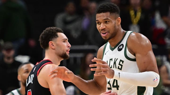Nov 13, 2023; Milwaukee, Wisconsin, USA; Milwaukee Bucks forward Giannis Antetokounmpo (34) and Chicago Bulls guard Zach LaVine (8) hug after the game at Fiserv Forum. Nov 13, 2023; Milwaukee, Wisconsin, USA; Milwaukee Bucks forward Giannis Antetokounmpo (34) and Chicago Bulls guard Zach LaVine (8) hug after the game at Fiserv Forum.