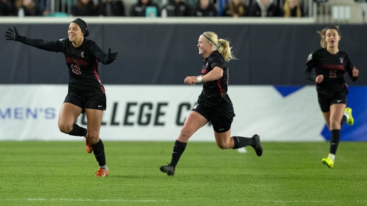 Dec 5, 2025; Kansas City, MO, USA; Stanford Cardinal midfielder Jasmine Aikey (12) celebrates after scoring a goal in a 2025 NCAA Women’s College Cup Semifinal match at CPKC Stadium. Mandatory Credit: Kylie Graham-Imagn Images