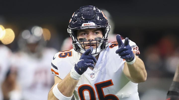 Nov 20, 2022; Atlanta, Georgia, USA; Chicago Bears tight end Cole Kmet (85) reacts after a catch against the Atlanta Falcons in the second quarter at Mercedes-Benz Stadium. Mandatory Credit: Brett Davis-Imagn Images
