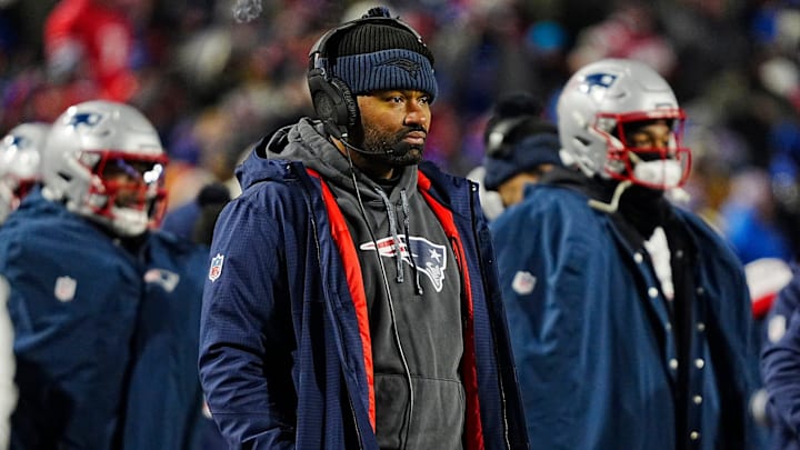 New England Patriots head coach Jerod Mayo watches his team trying to get a first down during second half action at Highmark Stadium where the Buffalo Bills hosted the New England Patriots in Orchard Park on Dec. 22, 2024. New England Patriots head coach Jerod Mayo watches his team trying to get a first down during second half action at Highmark Stadium where the Buffalo Bills hosted the New England Patriots in Orchard Park on Dec. 22, 2024.