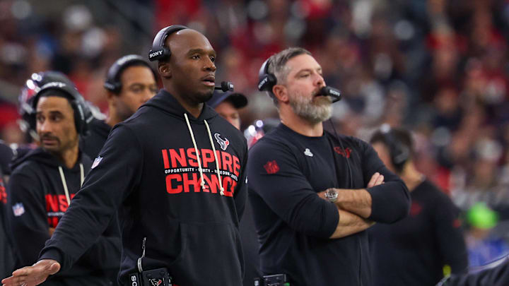 Dec 14, 2025; Houston, Texas, USA; Houston Texans head coach DeMeco Ryans coaches against the Arizona Cardinals in the first quarter at NRG Stadium. Mandatory Credit: Thomas Shea-Imagn Images