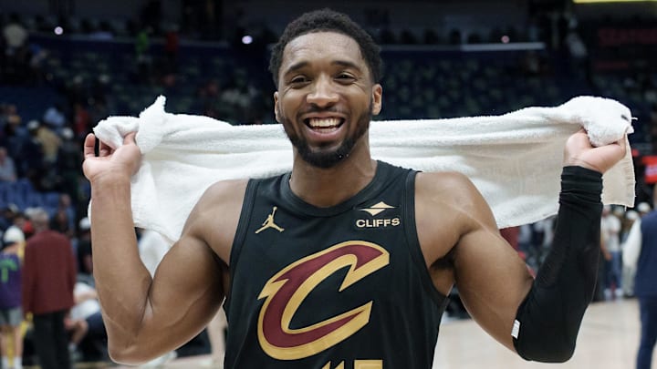 Mar 21, 2026; New Orleans, Louisiana, USA; Cleveland Cavaliers guard Donovan Mitchell (45) reacts after a game against the New Orleans Pelicans at Smoothie King Center. Mandatory Credit: Matthew Hinton-Imagn Images Mar 21, 2026; New Orleans, Louisiana, USA; Cleveland Cavaliers guard Donovan Mitchell (45) reacts after a game against the New Orleans Pelicans at Smoothie King Center. Mandatory Credit: Matthew Hinton-Imagn Images