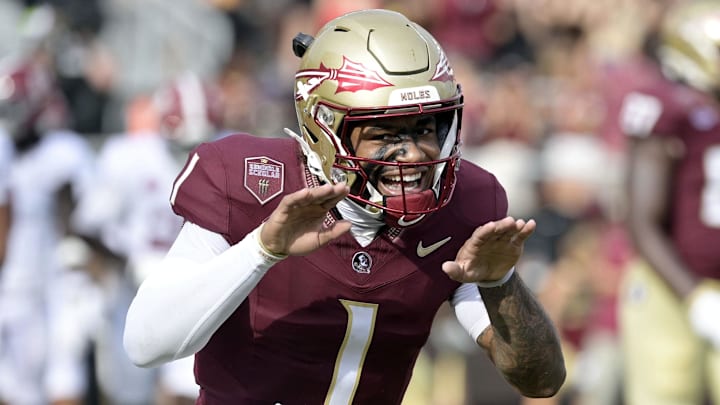 Aug 30, 2025; Tallahassee, Florida, USA; Florida State Seminoles quarterback Tommy Castellanos (1) celebrates after a touchdown against the Alabama Crimson Tide during the second half at Doak S. Campbell Stadium. Mandatory Credit: Melina Myers-Imagn Images