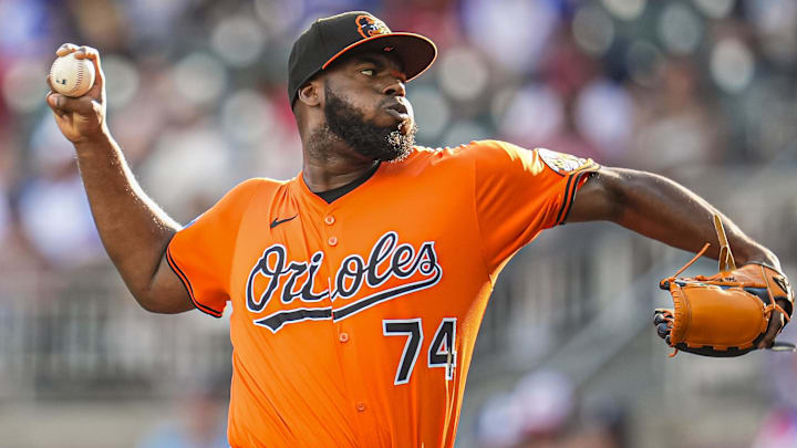 Jul 5, 2025; Cumberland, Georgia, USA; Baltimore Orioles relief pitcher Felix Bautista (74) pitches against the Atlanta Braves during the ninth inning at Truist Park