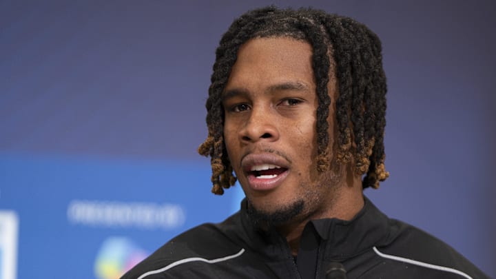 Feb 26, 2026; Indianapolis, IN, USA; Arizona State defensive back Keith Abney II (DB01) speaks to members of the media during the NFL Combine at the Indiana Convention Center. Mandatory Credit: Jacob Musselman-Imagn Images Feb 26, 2026; Indianapolis, IN, USA; Arizona State defensive back Keith Abney II (DB01) speaks to members of the media during the NFL Combine at the Indiana Convention Center. Mandatory Credit: Jacob Musselman-Imagn Images