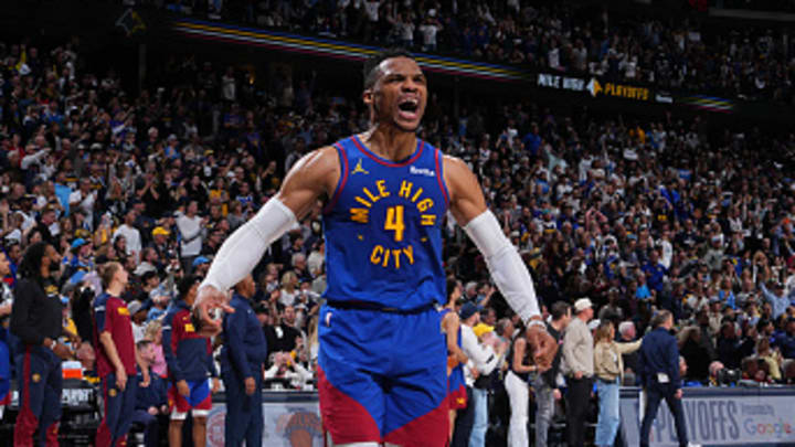 Denver Nuggets star Russell Westbrook celebrates during Game 1 of the round one series vs. the Los Angeles Clippers.