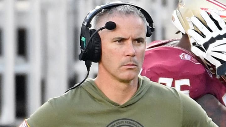 Nov 2, 2024; Tallahassee, Florida, USA; Florida State Seminoles head coach Mike Norvell looks on from the sideline after the North Carolina Tarheels score a final touchdown in the fourth quarter at Doak S. Campbell Stadium. Mandatory Credit: Robert Myers-Imagn Images