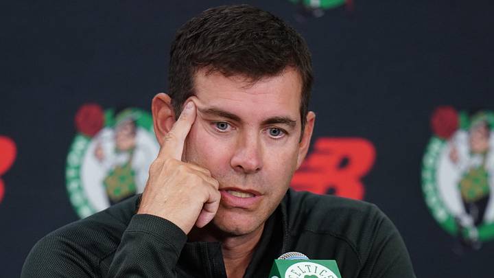 Sep 29, 2025; Boston, MA, USA; Boston Celtics president of basketball operations Brad Stevens talks to reporters during media day at the Auerbach Center. Mandatory Credit: David Butler II-Imagn Images