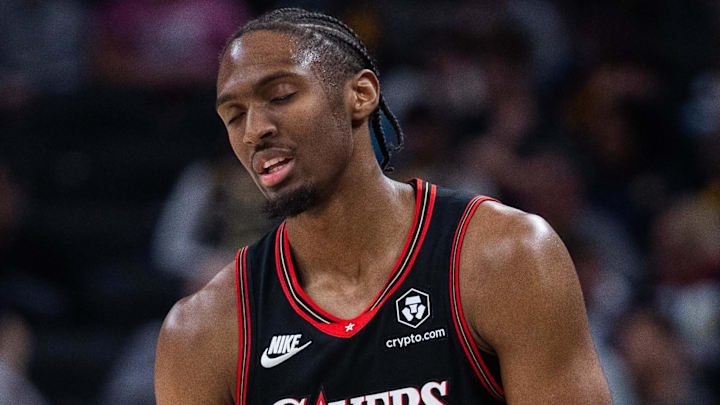 Apr 10, 2026; Indianapolis, Indiana, USA; Philadelphia 76ers guard Tyrese Maxey (0) in the second half against the Indiana Pacers at Gainbridge Fieldhouse. Mandatory Credit: Trevor Ruszkowski-Imagn Images