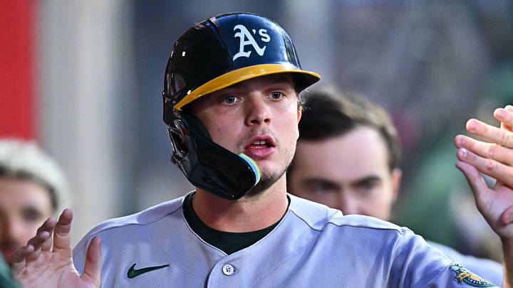 Jun 27, 2026; Anaheim, California, USA; Athletics first baseman Nick Kurtz (16) is greeted by teammates after scoring during the sixth inning against the Los Angeles Angels at Angel Stadium. Mandatory Credit: William Liang-Imagn Images Jun 27, 2026; Anaheim, California, USA; Athletics first baseman Nick Kurtz (16) is greeted by teammates after scoring during the sixth inning against the Los Angeles Angels at Angel Stadium. Mandatory Credit: William Liang-Imagn Images