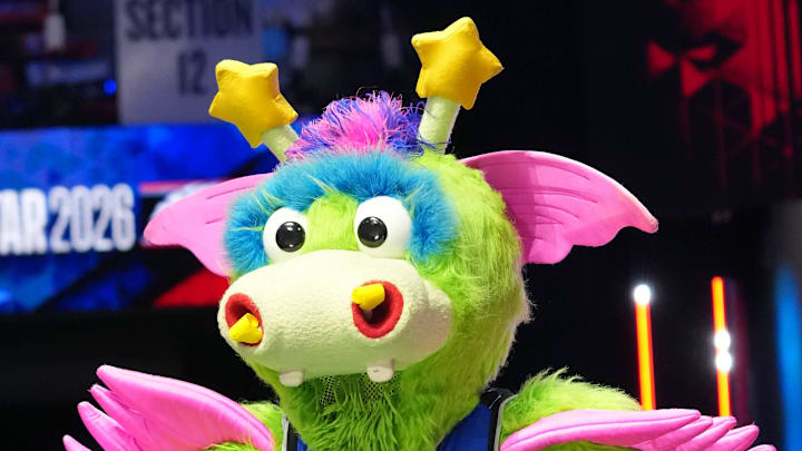 Feb 15, 2026; Inglewood, California, USA; Orlando Magic mascot Stuff the Magic Dragon enters the court during the 75th NBA All Star Game at Intuit Dome. Mandatory Credit: Kirby Lee-Imagn Images
