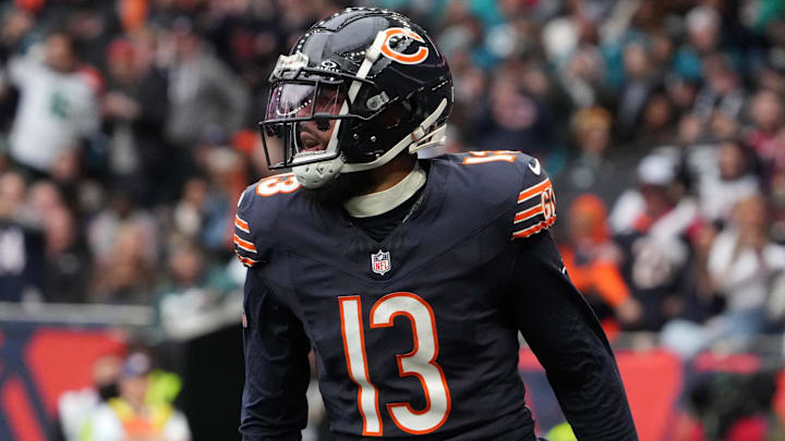 Oct 13, 2024; London, United Kingdom; Chicago Bears wide receiver Keenan Allen (13) celebrates after catching a 9-yard touchdown pass against the Jacksonville Jaguars in the second half during an NFL International Series game at Tottenham Hotspur Stadium. Mandatory Credit: Kirby Lee-Imagn Images