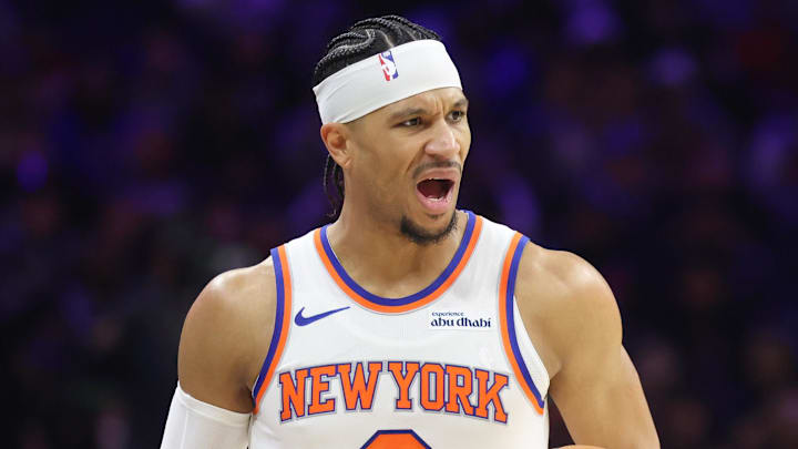 Feb 11, 2026; Philadelphia, Pennsylvania, USA; New York Knicks guard Josh Hart (3) brings the ball up court against the Philadelphia 76ers during the first half at Xfinity Mobile Arena. Mandatory Credit: Bill Streicher-Imagn Images