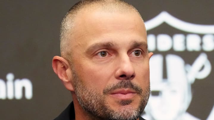 Feb 10, 2026; Henderson, NV, USA;  Las Vegas Raiders general manager John Spytek at press conference at Intermountain Health Performance Center. Mandatory Credit: Kirby Lee-Imagn Images