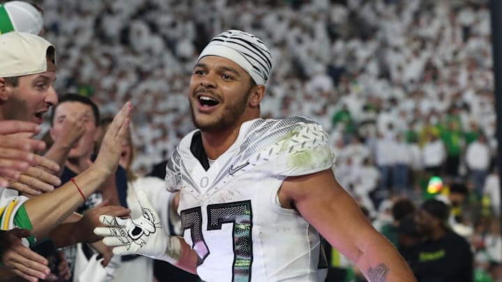 Sep 27, 2025; University Park, Pennsylvania, USA; Oregon Ducks running back Jayden Limar (27) reacts with fans after defeating the Penn State Nittany Lions at Beaver Stadium. Mandatory Credit: Matthew O'Haren-Imagn Images