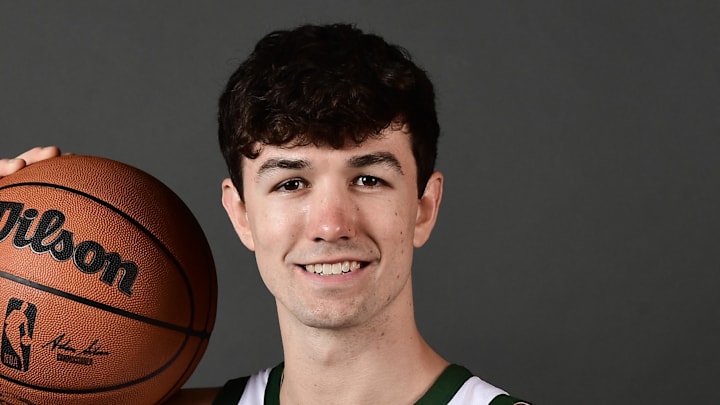 Sep 29, 2025; Milwaukee, WI, USA; Milwaukee Bucks guard Cormac Ryan (30) poses for a picture during Milwaukee Bucks Media Day at the Fiserv Forum.  Mandatory Credit: Benny Sieu-Imagn Images