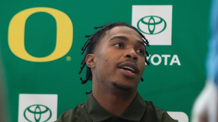 Oregon’s Gary Bryant Jr. answers questions during Oregon football’s media day Monday, July 29, 2024 at Autzen Stadium in Eugene, Ore.