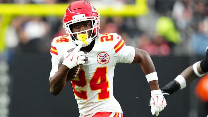 Jan 4, 2026; Paradise, Nevada, USA; Kansas City Chiefs running back Brashard Smith (24) gains yardage against the Las Vegas Raiders during the first quarter at Allegiant Stadium. Jan 4, 2026; Paradise, Nevada, USA; Kansas City Chiefs running back Brashard Smith (24) gains yardage against the Las Vegas Raiders during the first quarter at Allegiant Stadium.