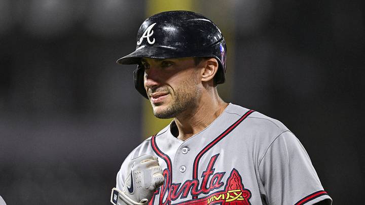 Jun 26, 2026; San Francisco, California, USA; Atlanta Braves first baseman Matt Olson (28) celebrates a single during the top of the seventh inning against the San Francisco Giants at Oracle Park. Mandatory Credit: Justine Willard-Imagn Images