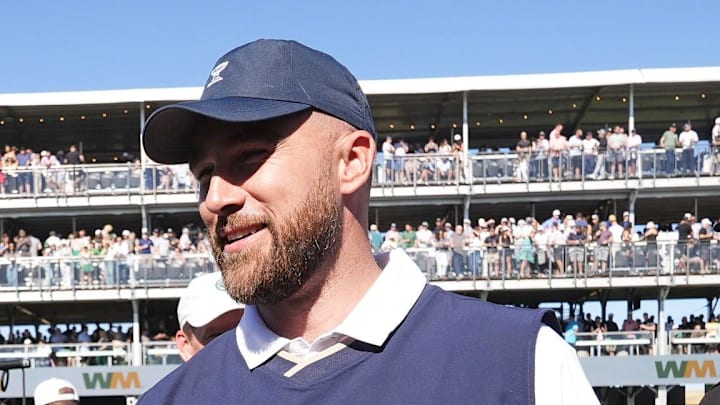 Kansas City Chiefs star Travis Kelce reacts after making a birdie on the 16th hole during the Annexus Pro-Am at the WM Phoenix Open on Feb. 4, 2026, at TPC Scottsdale.