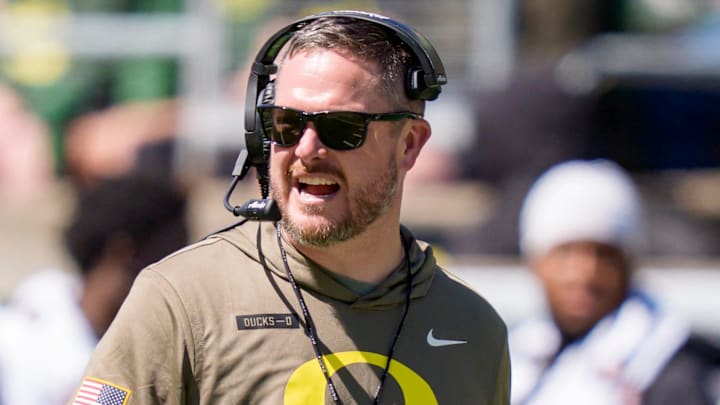 Oregon head coach Dan Lanning walks the field during the Oregon Ducks annual spring game on April 25, 2026 at Autzen Stadium in Eugene, Oregon.