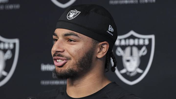 Las Vegas Raiders safety Treydan Stukes speaks during a news conference at the team’s Rookie Minicamp.