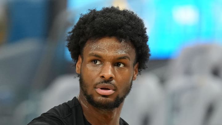 Dec 25, 2024; San Francisco, California, USA; Los Angeles Lakers guard Bronny James (9) before the game against the Golden State Warriors at Chase Center. Mandatory Credit: Darren Yamashita-Imagn Images