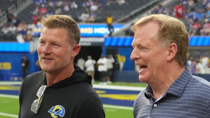 NFL Commissioner Roger Goodell laughs with Rams General Manager Les Snead. Mandatory Credit: Kirby Lee-Imagn Images