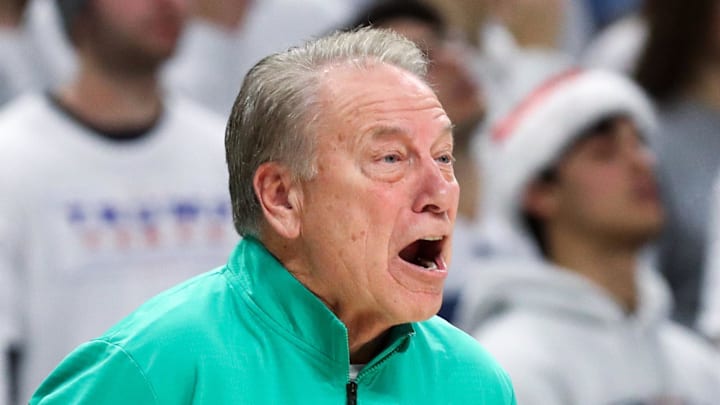 Dec 13, 2025; University Park, Pennsylvania, USA; Michigan State Spartans head coach Tom Izzo reacts from the bench during the first half against the Penn State Nittany Lions at Bryce Jordan Center.