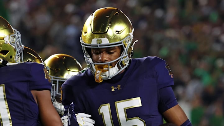 Sep 13, 2025; South Bend, Indiana, USA; Notre Dame Fighting Irish cornerback Leonard Moore (15) reacts after a play against the Texas A&M Aggies during the first half at Notre Dame Stadium. 