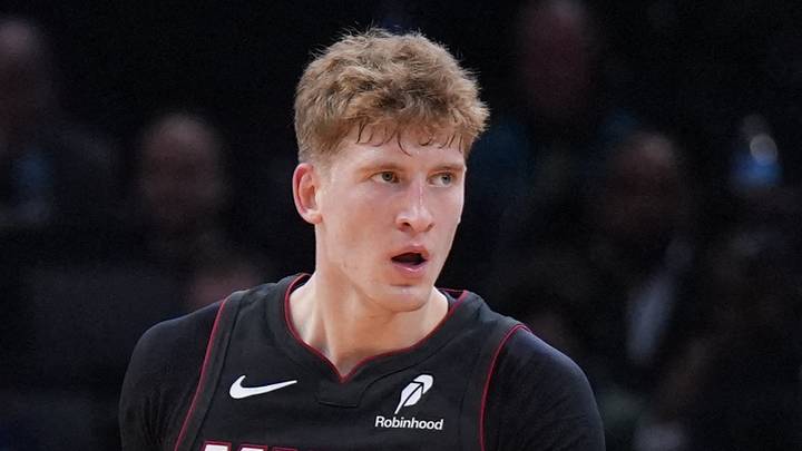 Miami Heat guard Kasparas Jakucionis (25) reacts after a play against the Boston Celtics in the first quarter at TD Garden on December 19, 2025.
