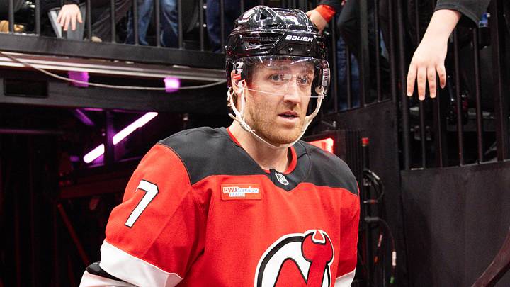 Apr 7, 2026; Newark, New Jersey, USA; New Jersey Devils defenseman Dougie Hamilton (7) before the game against the Philadelphia Flyers at Prudential Center. Mandatory Credit: Luther Schlaifer-Imagn Images Apr 7, 2026; Newark, New Jersey, USA; New Jersey Devils defenseman Dougie Hamilton (7) before the game against the Philadelphia Flyers at Prudential Center. Mandatory Credit: Luther Schlaifer-Imagn Images