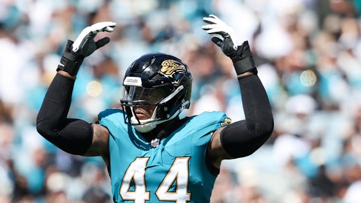 Sep 21, 2025; Jacksonville, Florida, USA; Jacksonville Jaguars defensive end Travon Walker (44) hypes up the crowd during a third down against the Houston Texans at EverBank Stadium. Mandatory Credit: Morgan Tencza-Imagn Images