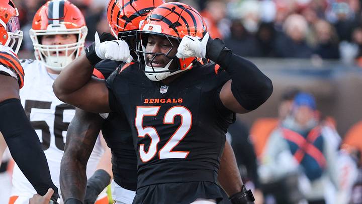 Jan 4, 2026; Cincinnati, Ohio, USA; Cincinnati Bengals defensive end Cedric Johnson (52) celebrates after sacking Cleveland Browns quarterback Shedeur Sanders (12) during the second quarter at Paycor Stadium. Mandatory Credit: Joseph Maiorana-Imagn Images Jan 4, 2026; Cincinnati, Ohio, USA; Cincinnati Bengals defensive end Cedric Johnson (52) celebrates after sacking Cleveland Browns quarterback Shedeur Sanders (12) during the second quarter at Paycor Stadium. Mandatory Credit: Joseph Maiorana-Imagn Images