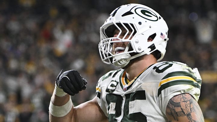 Green Bay Packers tight end Tucker Kraft (85) celebrates his touchdown against the Pittsburgh Steelers last week.