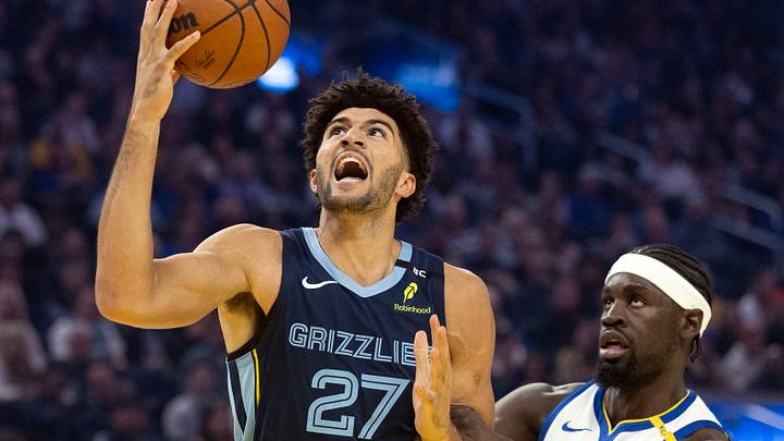 Oct 23, 2026; San Francisco, California, USA; Memphis Grizzlies forward Cameron Boozer (27) drives to the basket ahead of Golden State Warriors forward Graham Ike (45) during the first quarter at Chase Center. Mandatory Credit: D. Ross Cameron-Imagn Images Oct 23, 2026; San Francisco, California, USA; Memphis Grizzlies forward Cameron Boozer (27) drives to the basket ahead of Golden State Warriors forward Graham Ike (45) during the first quarter at Chase Center. Mandatory Credit: D. Ross Cameron-Imagn Images