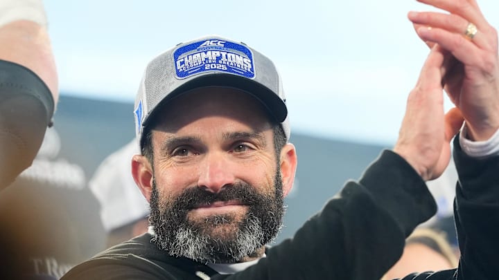 Dec 6, 2025; Charlotte, NC, USA; Duke Blue Devils head coach Manny Diaz celebrates defeating the Virginia Cavaliers during the 2025 ACC Championship game at Bank of America Stadium. Mandatory Credit: Jim Dedmon-Imagn Images