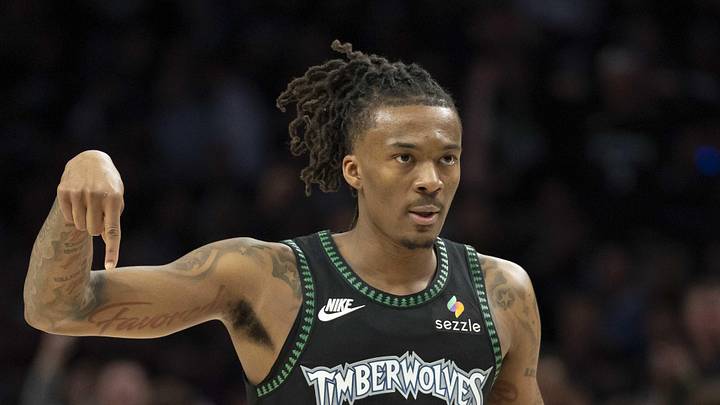 Apr 30, 2026; Minneapolis, Minnesota, USA; Minnesota Timberwolves guard Bones Hyland (8) celebrates making a shot against the Denver Nuggets in the first half during game six of the first round of the 2026 NBA Playoffs at Target Center. Mandatory Credit: Jesse Johnson-Imagn Images