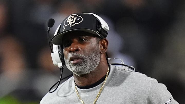 Oct 26, 2024; Boulder, Colorado, USA; Colorado Buffaloes head coach Deion Sanders walks the sidelines in the second half against the Cincinnati Bearcats at Folsom Field. Mandatory Credit: Ron Chenoy-Imagn Images